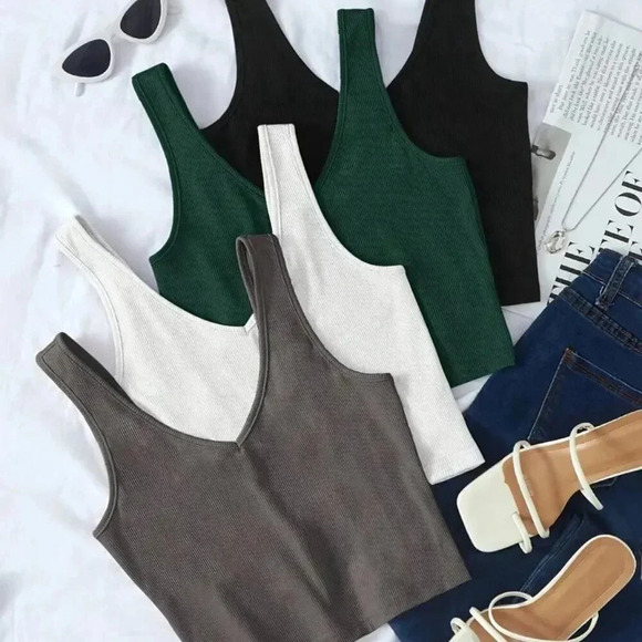 High Quality Tops - 4pcs V-neck Ribbed Crop Tops (Color: Mixed Color)